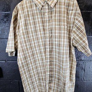Beyond The Limit Men Short Sleeve Shirt Yellow Brown Plaid Button Up Size XL